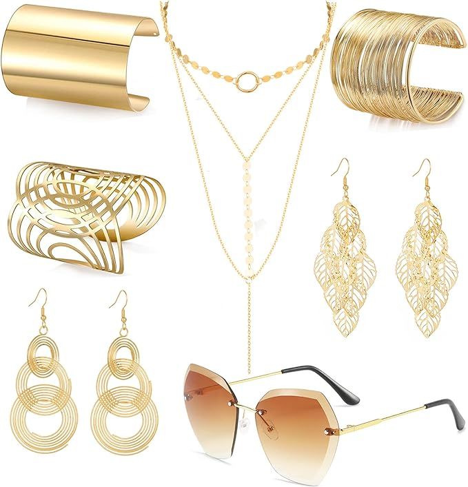 FIRAZIO 7 Pieces 70s Disco Accessories Costume Jewelry Set For Women Rimless Diamond Cutting Sung... | Amazon (US)