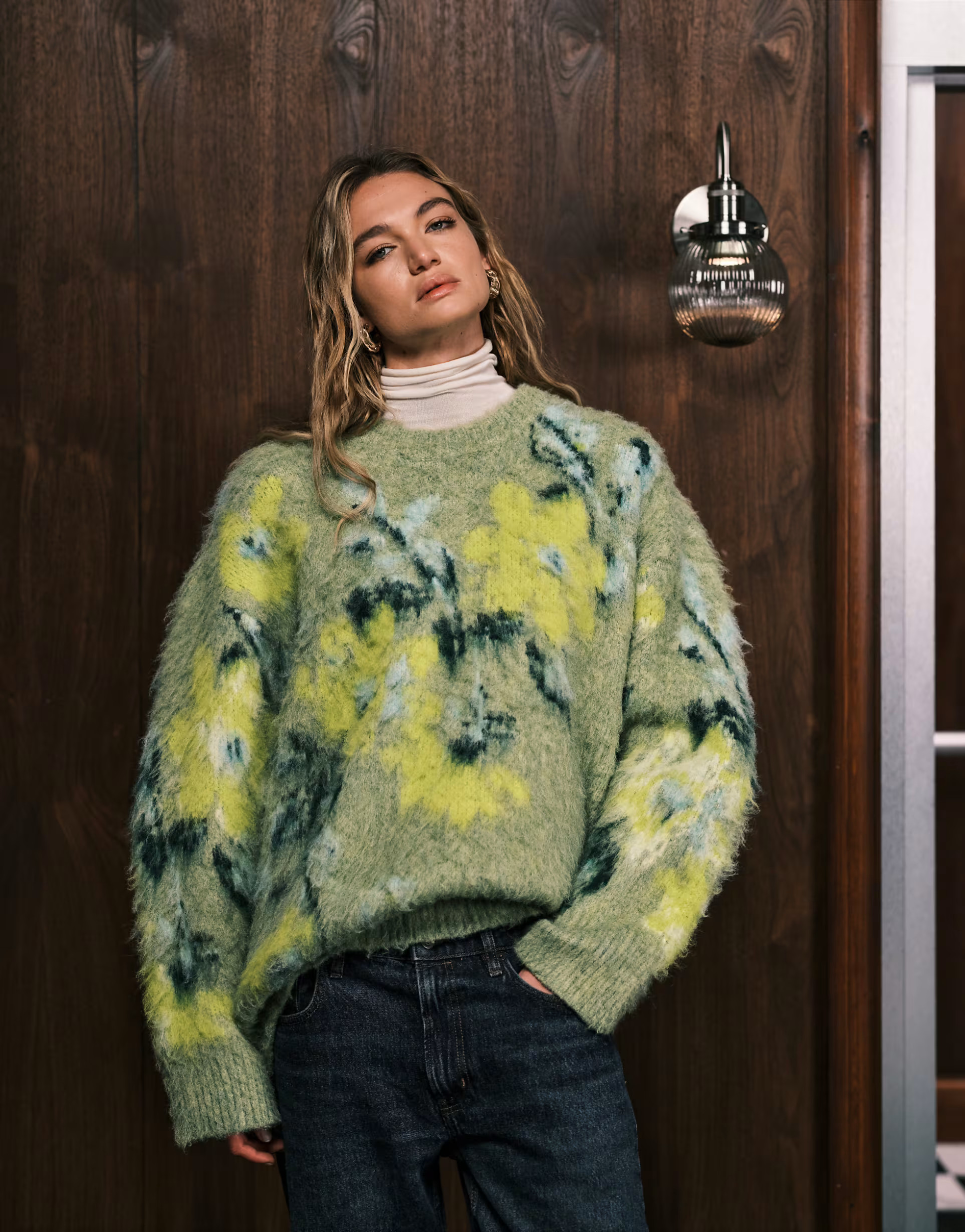 ASOS DESIGN brushed floral placement sweater in sage | ASOS (Global)