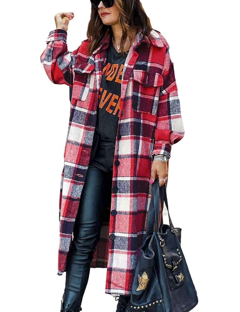 PUWEI Women's Casual Lapel Button Down Long Plaid Shirt Coat Tartan Shacket Jacket | Amazon (US)