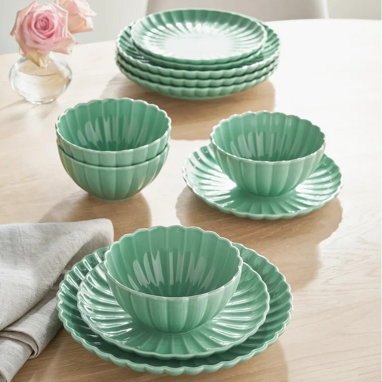 The Pioneer Woman Colette 12-Piece Stoneware Dinnerware Set, Green | Walmart (US)