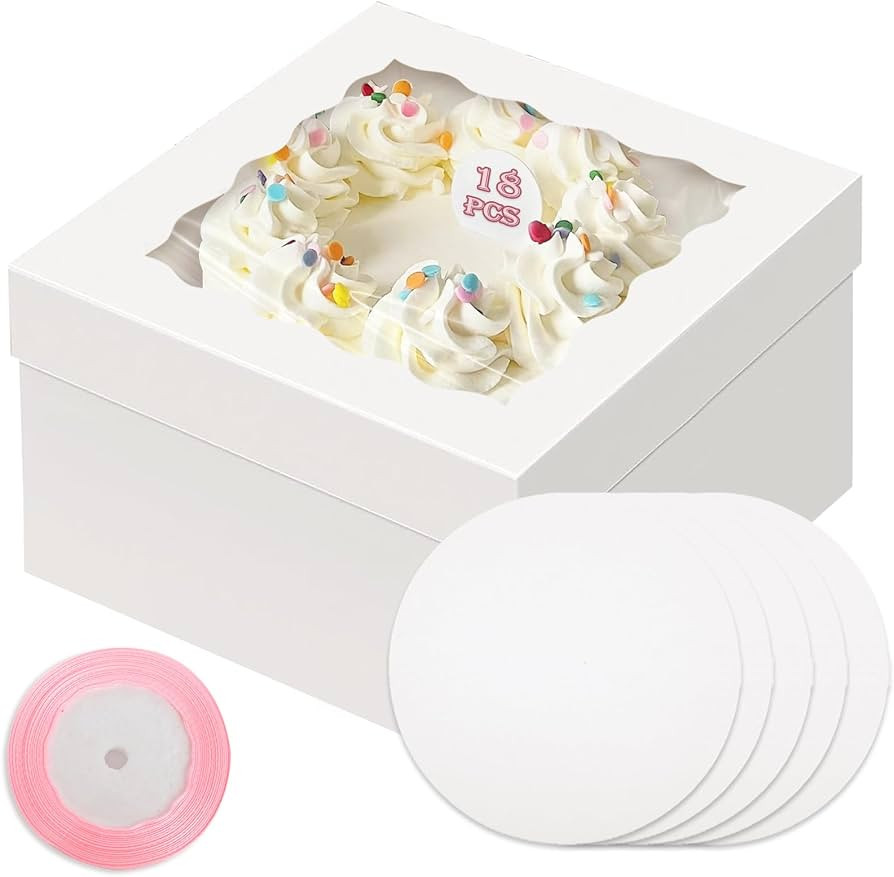 qiqee White 10x10x8 Cake Box, 18 Sets Cake Box with Window ＆ 18 Sets 10" Cake Round Boards, 10i... | Amazon (US)