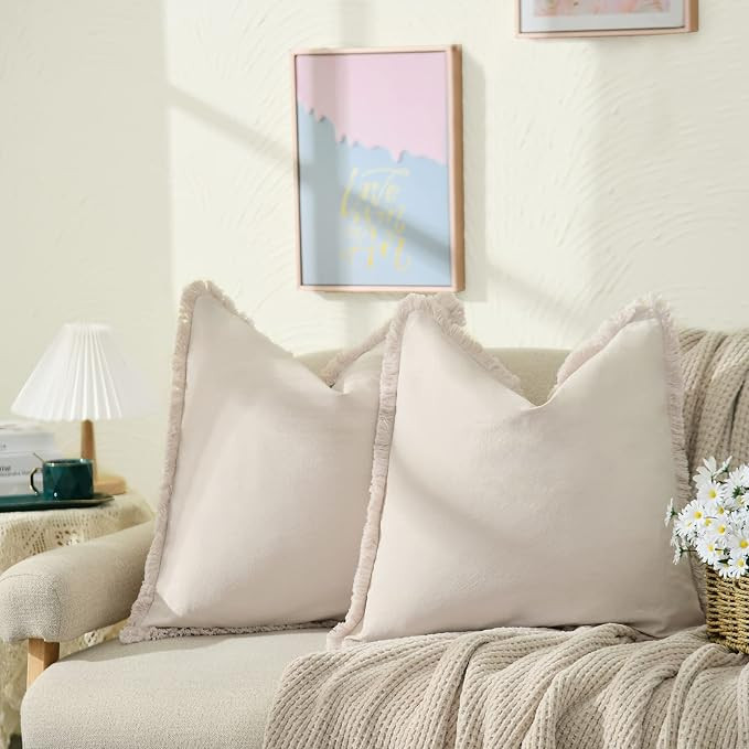 ZWJD Pillow Covers 24x24 Set of 2 Beige Throw Pillow Covers with Fringe Chic Cotton Decorative Pi... | Amazon (US)
