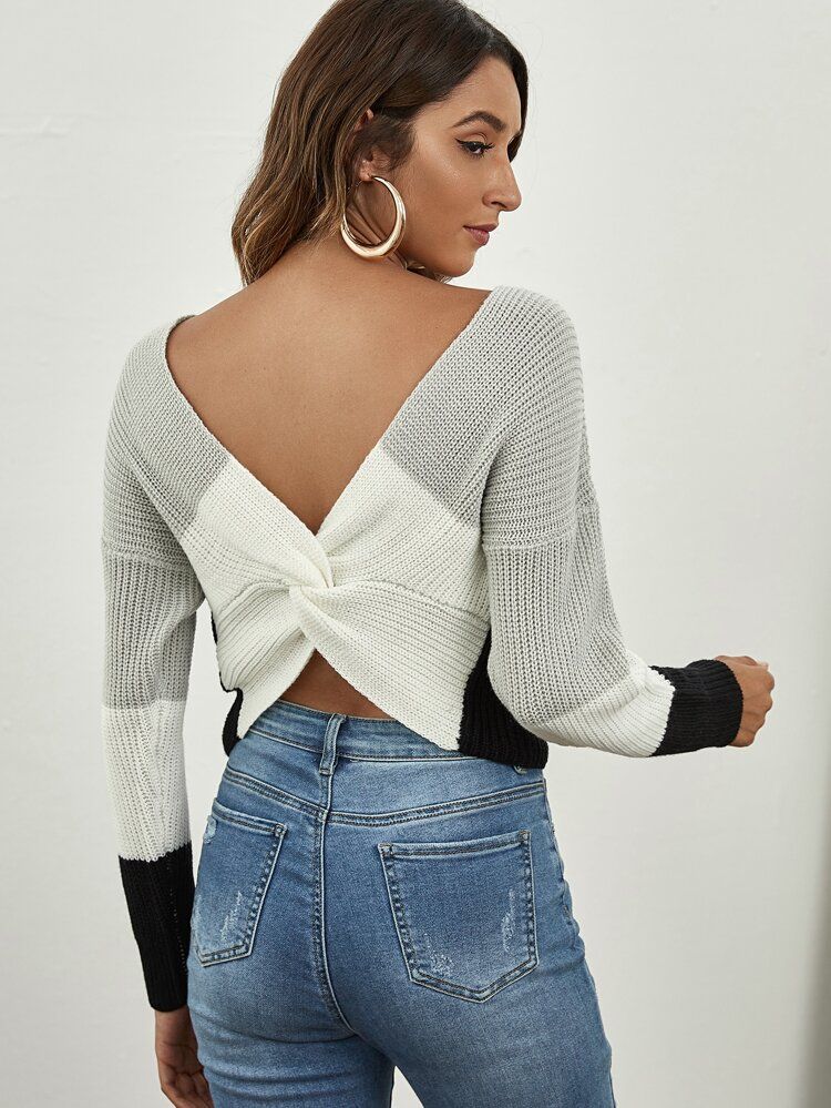 Color-block Twist Back Sweater | SHEIN