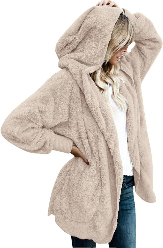Womens Fuzzy Jacket Hooded Cardigan Open Front Sherpa Coat with Pockets | Amazon (US)