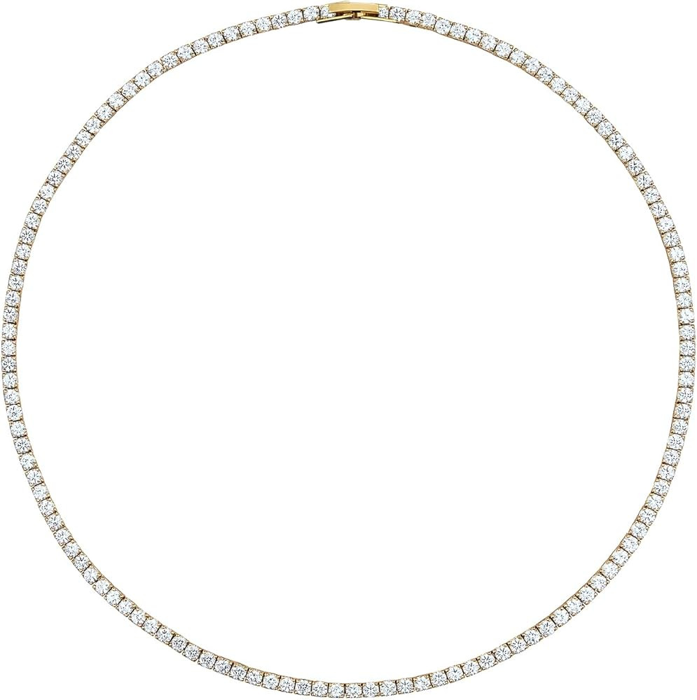 Tennis Necklace 18K Yellow Gold Plated 3.0mm Round Cubic Zirconia Classic Tennis Necklace For Wom... | Amazon (US)