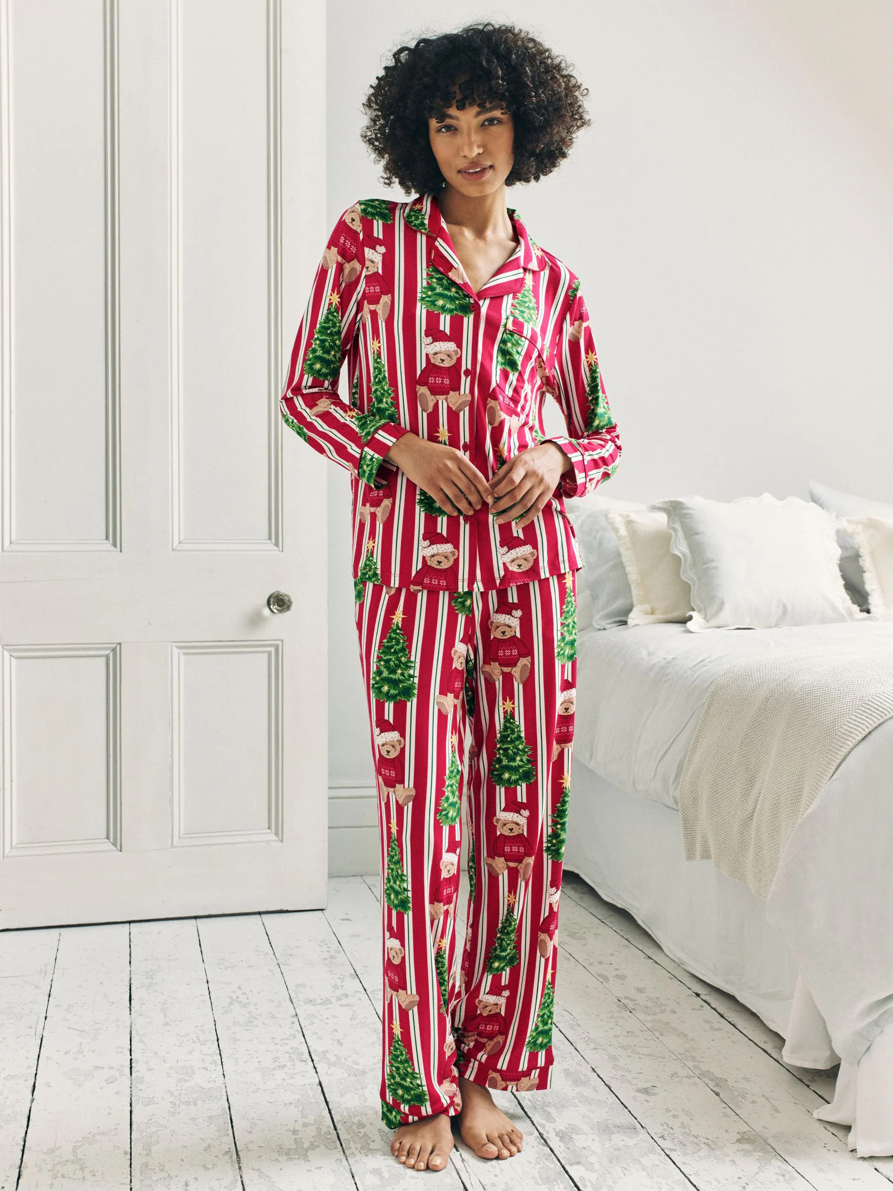 Chelsea Peers Chelsea Peers Red Christmas Teddy Bear Stripe Print Long Pyjamas Set | Next US