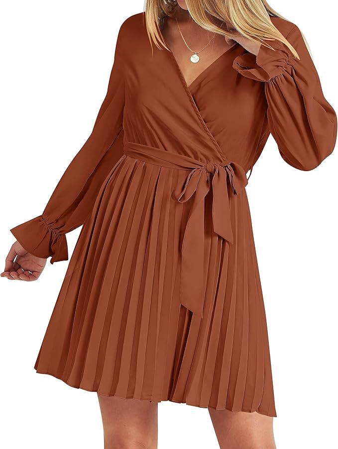 ZESICA Women's Sevy V Neck Long Sleeve Pleated A Line Wedding Cocktail Party Mini Dress with Belt... | Amazon (US)
