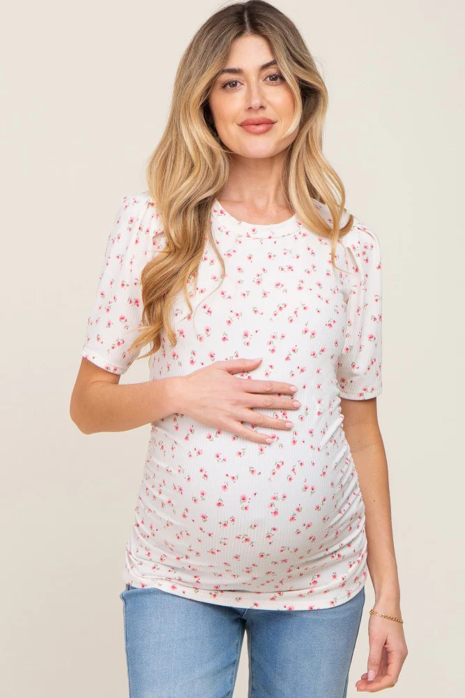 Ivory Floral Side Ruched Maternity Short Sleeve Top | PinkBlush Maternity