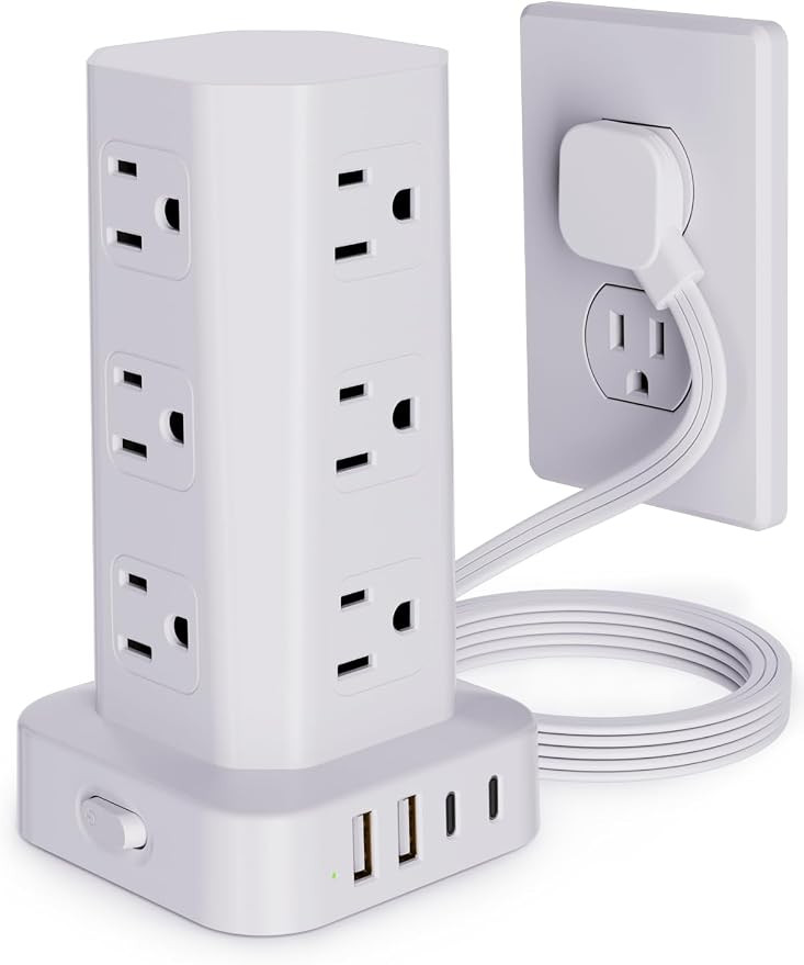 Power Strip Tower Surge Protector, 6FT Flat Plug Extension Cord with Multiple Outlets, 12 AC Outl... | Amazon (US)
