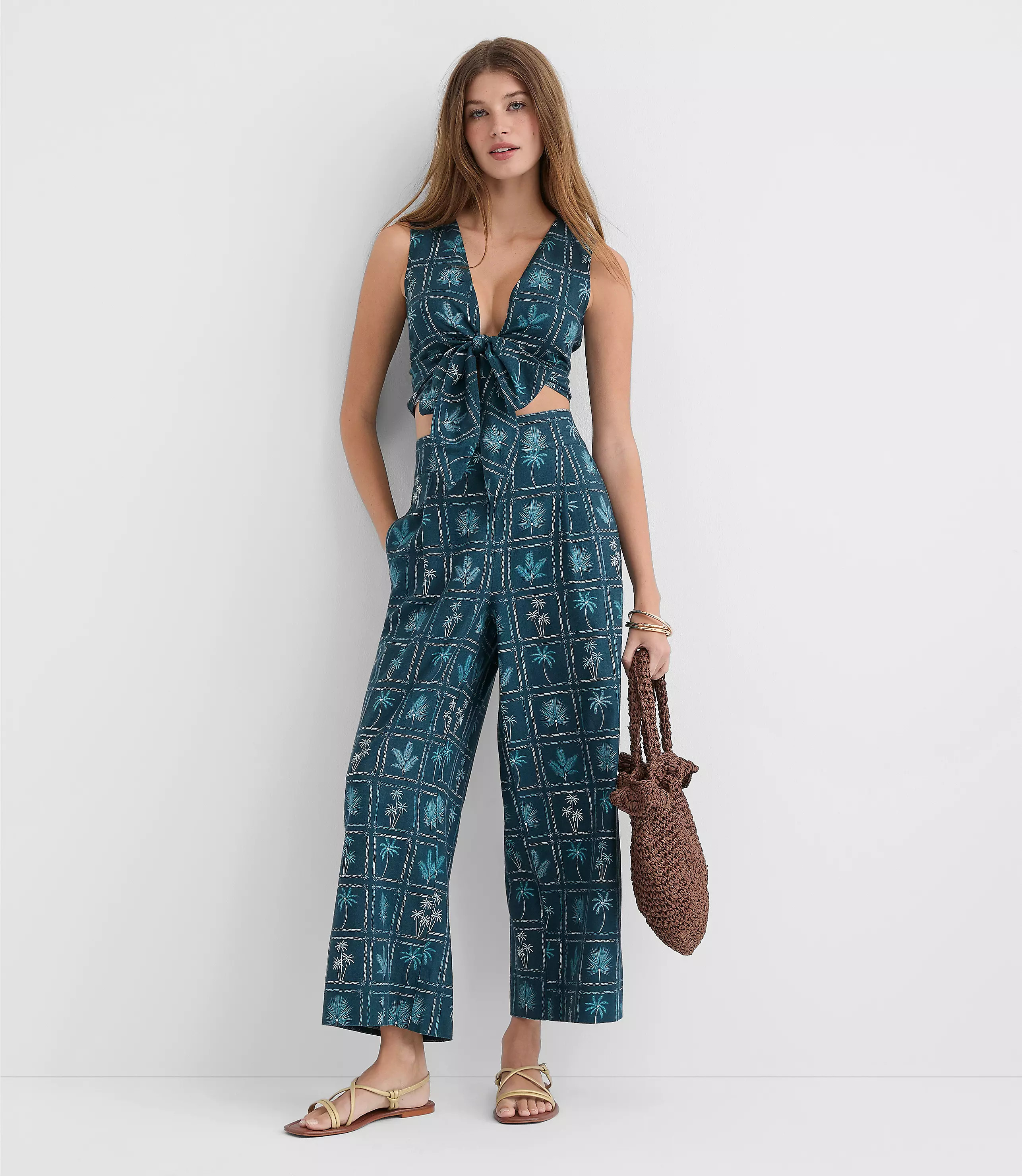 LOFT Beach Palm Linen Cotton Wide Leg Pants | LOFT