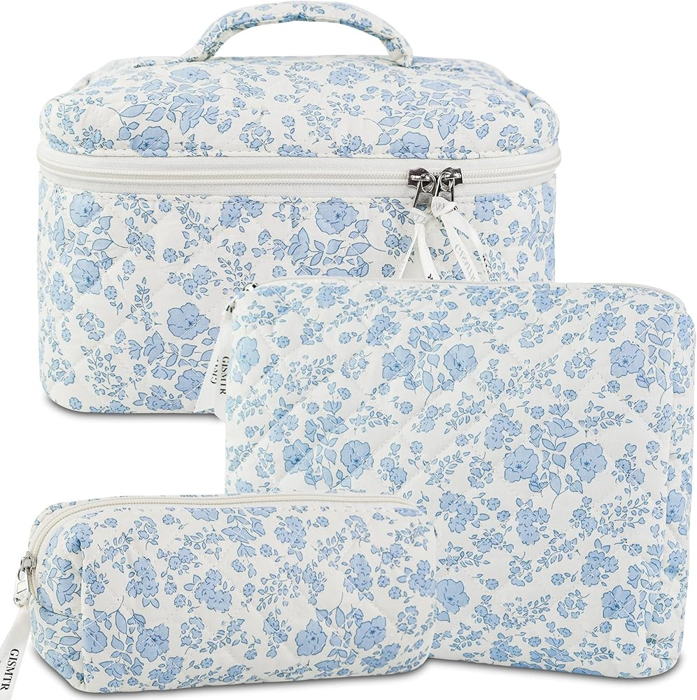 GISMTR 3PCS Makeup Bag Set, Cute Quilted Floral Cosmetic Bag, Large Travel Aesthetic Make up Bag,... | Amazon (CA)