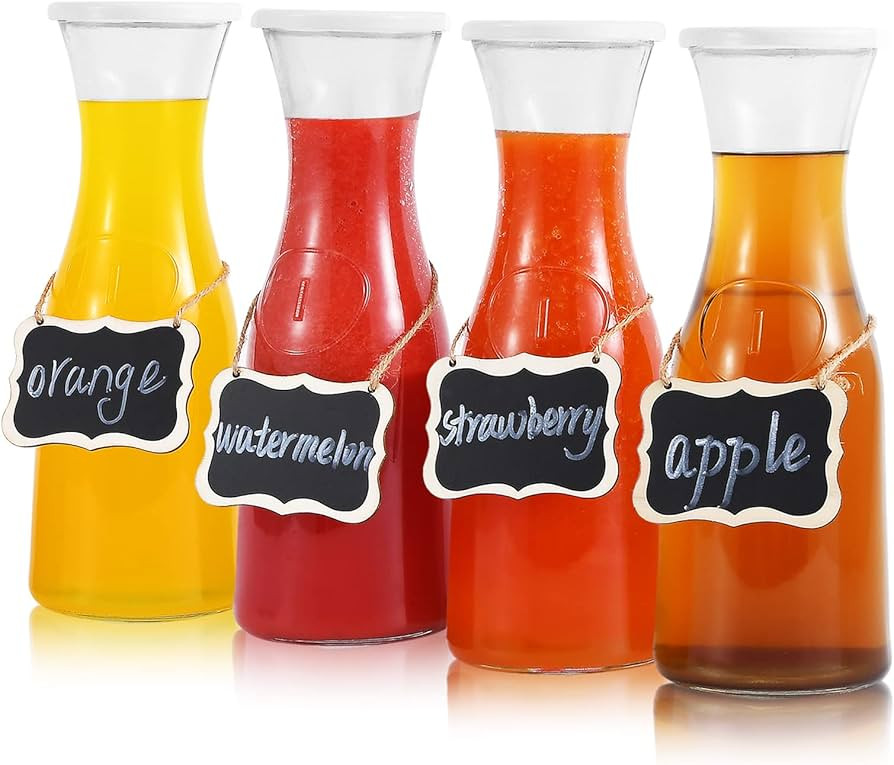 Set of 4 Glass Carafe with Lids, 1 Liter Beverage Pitcher Carafe for Mimosa Bar, Lemonade - 4 Woo... | Amazon (US)