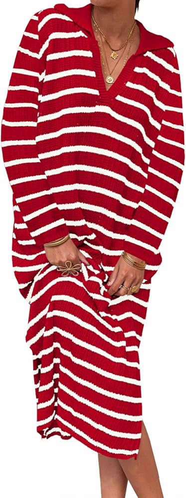 Saodimallsu Womens Striped Sweater Dress Fall Chunky Knit V Neck Collared Long Sleeve Sexy Slit L... | Amazon (US)