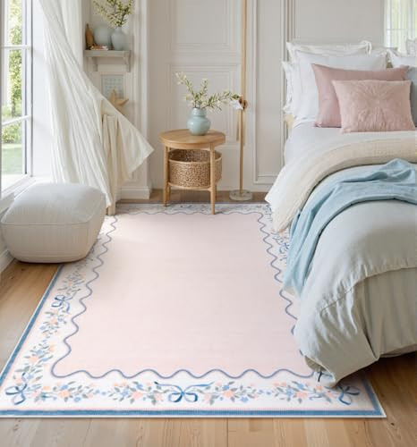 Seavish Pink Floral Rugs for Bedroom Girls, 5x7 Area Rugs for Living Room, Soft Washable Scalloped Nursery Rug, Boho Farmhouse Non-Slip Low Pile Carpet Rug for Kids Playroom Dining Room Office | Amazon (US)