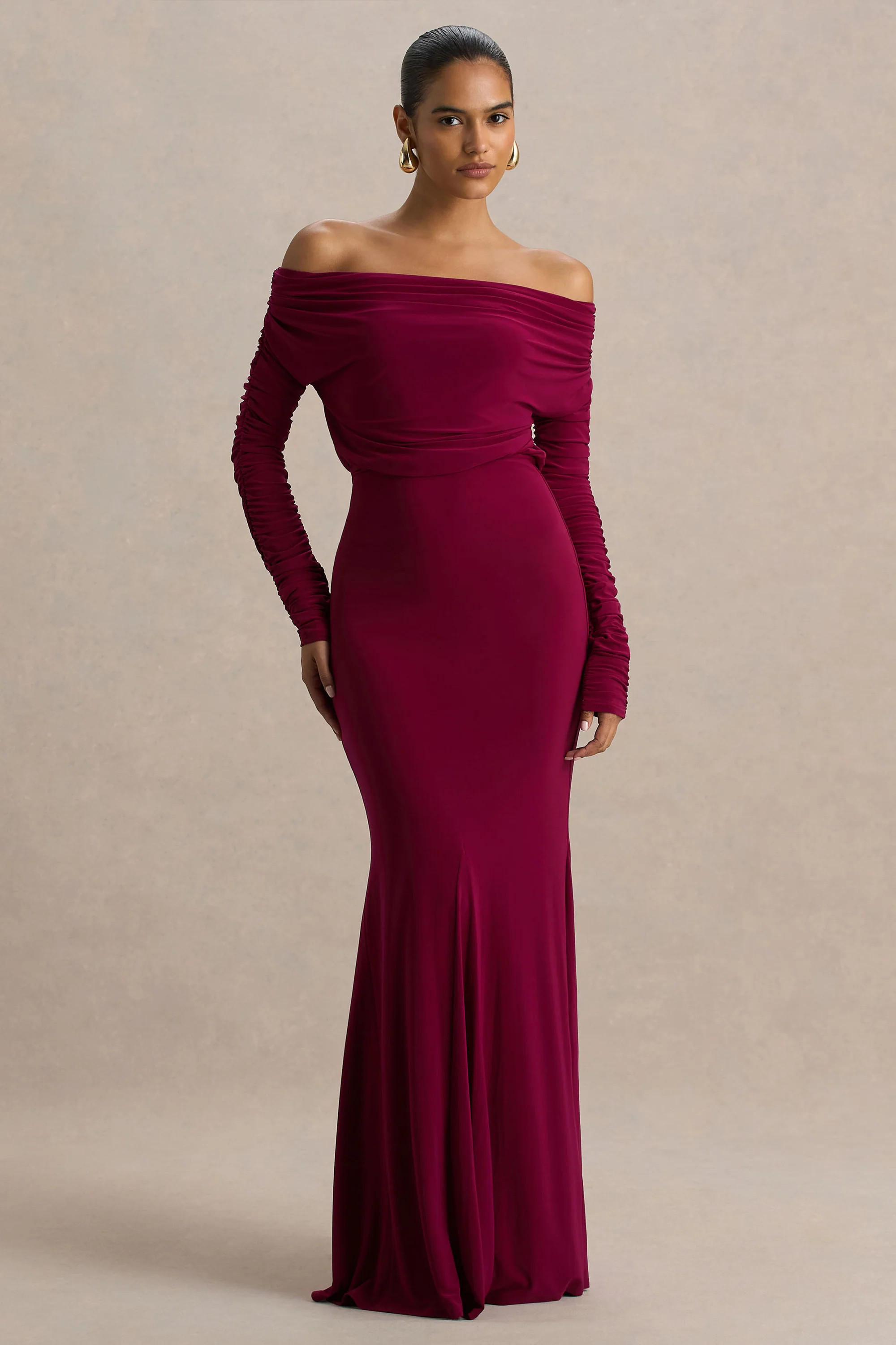 Cilla | Burgundy Bardot-Neck Maxi Dress With Ruched Detailing | Club L London