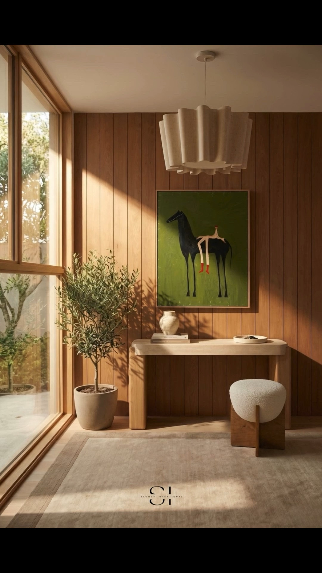 organic modern decor, mid-century modern entryway, faux olive tree, boucle stool, pleated pendant light, minimalist console table, warm wood textures, vintage inspired art, neutral area rug, Japandi home style, high low design, lulu Georgia, mid century, home finds