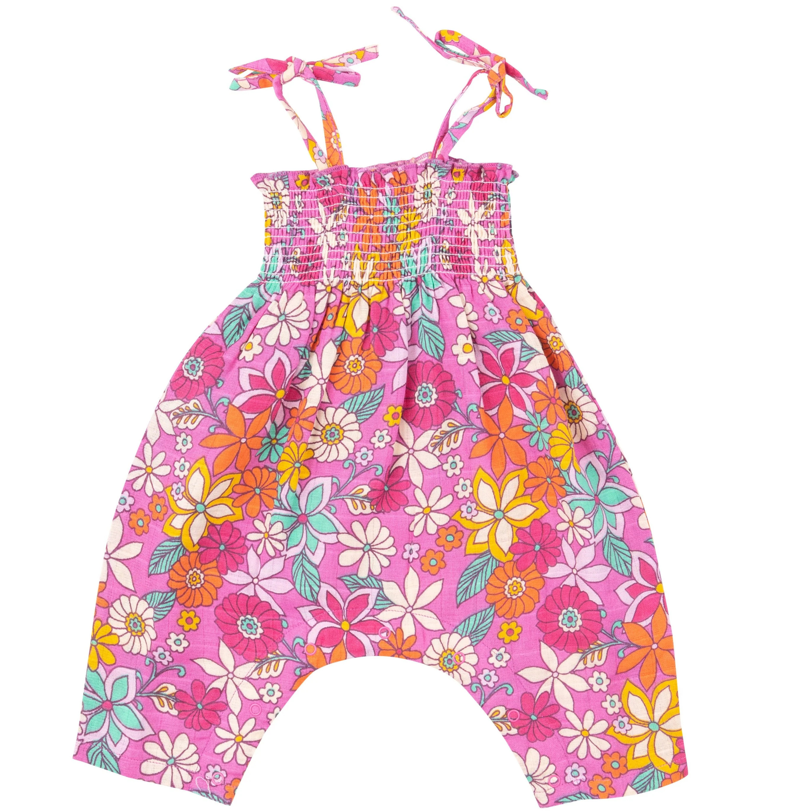 Tie Strap Smocked Romper, Tropical Retro Floral | SpearmintLOVE