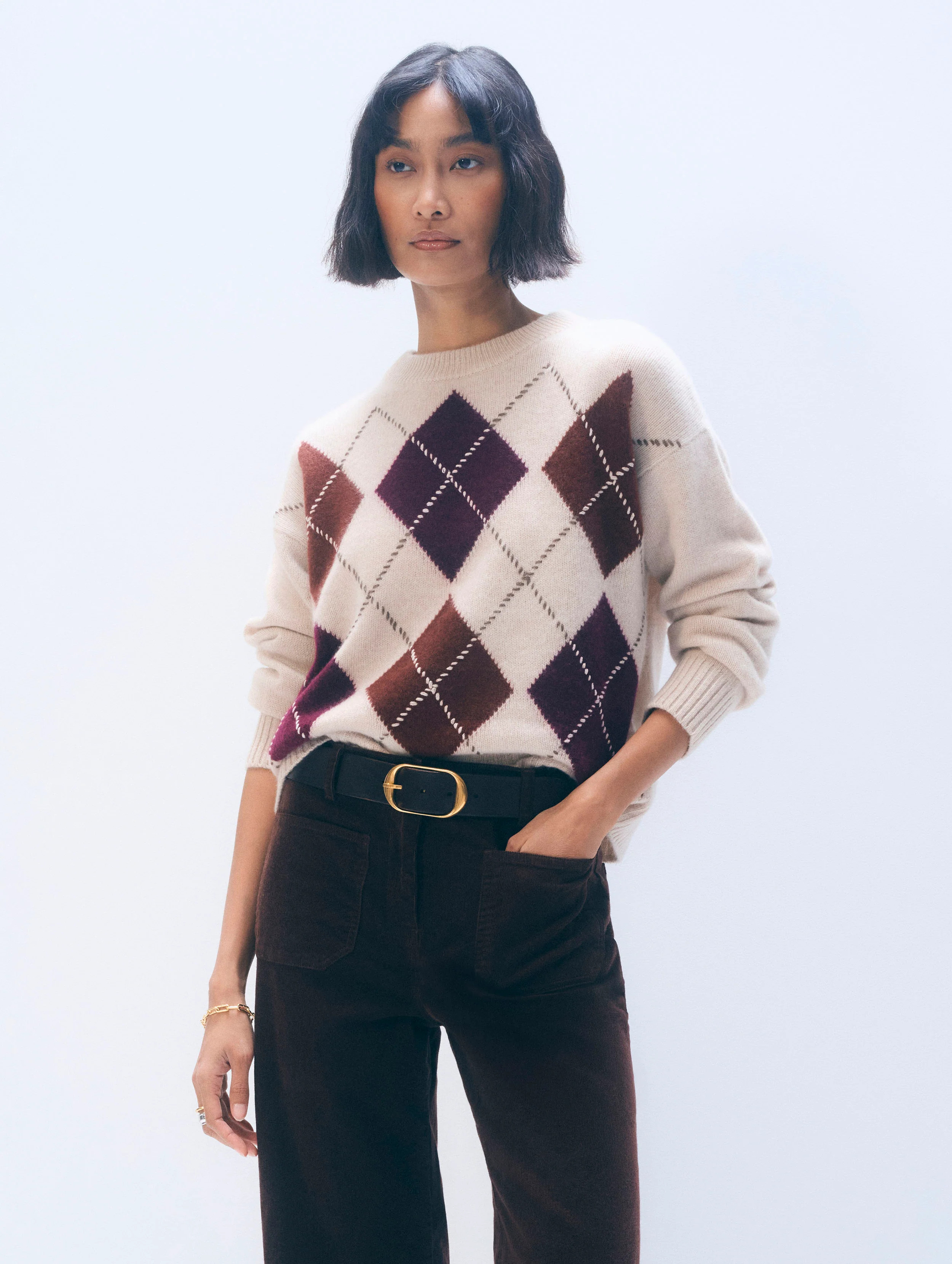 Cashmere Argyle Crewneck | Wheat Combo | White and Warren