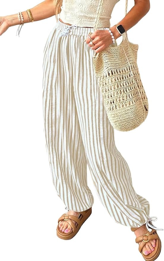Acelitt Women Drawstring Elastic Waist Striped Pants with Pockets, S-XXL | Amazon (US)