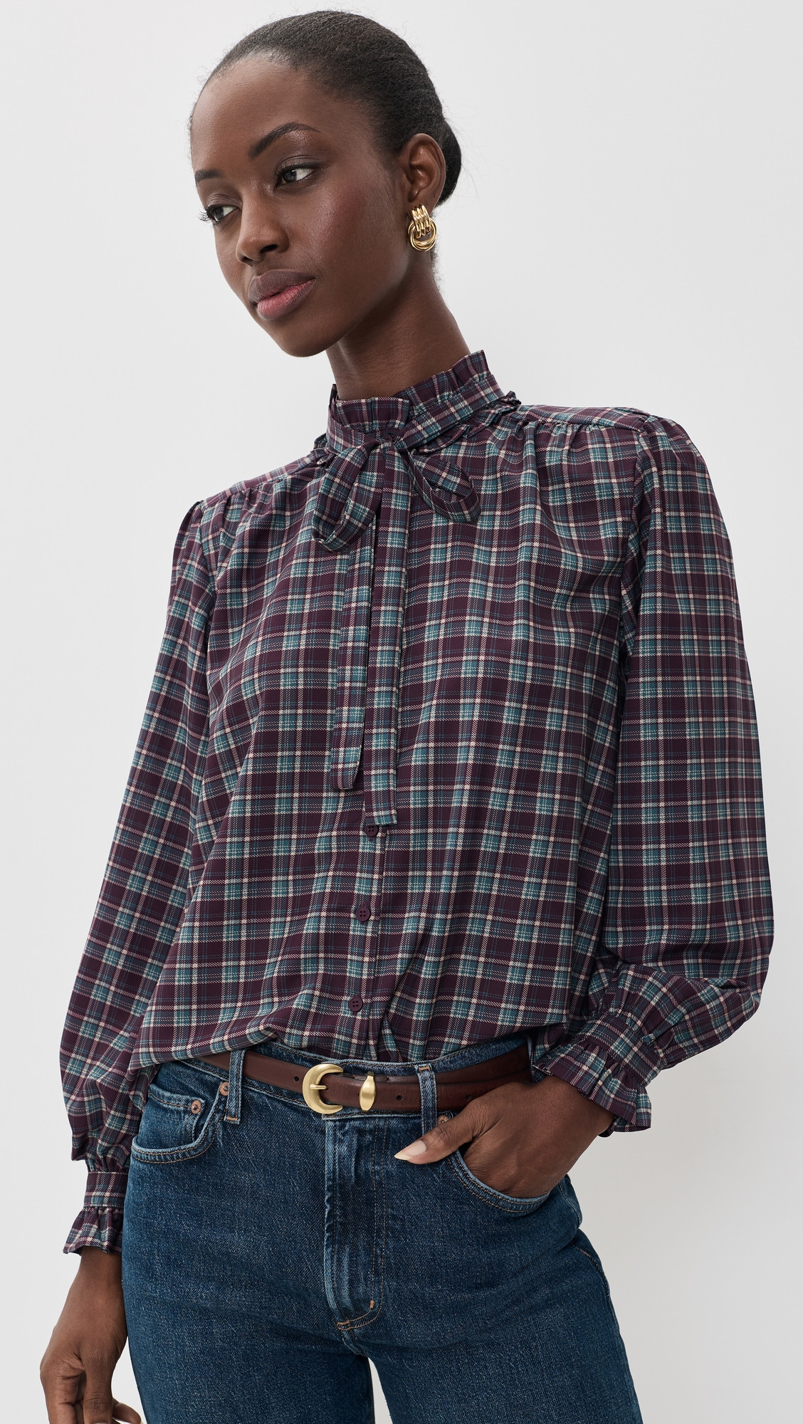 ASTR the Label Alyssa Ruffle Collar Top Eggplant Plaid M | Shopbop