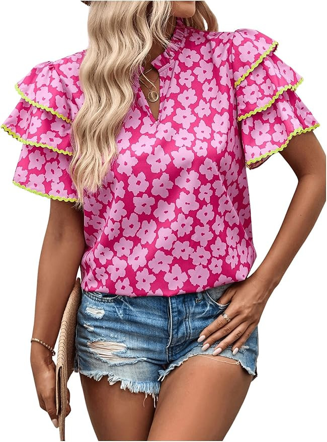 Floerns Women's Floral Layered Ruffle Short Sleeve Blouse Notch V Neck Vacation Top | Amazon (US)