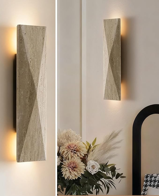Yellow Travertine Wall Sconce, 15.7" Wabi Sabi Wall Light Fixture with Rectangle Natural Stone La... | Amazon (US)