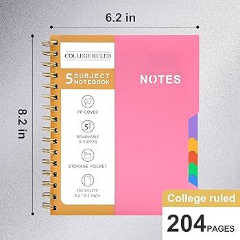 CAGIE 5 Subject Notebook College Ruled 6'' x 8'' Hardcover Spiral Lined Notebook with 5 Removable... | Amazon (US)