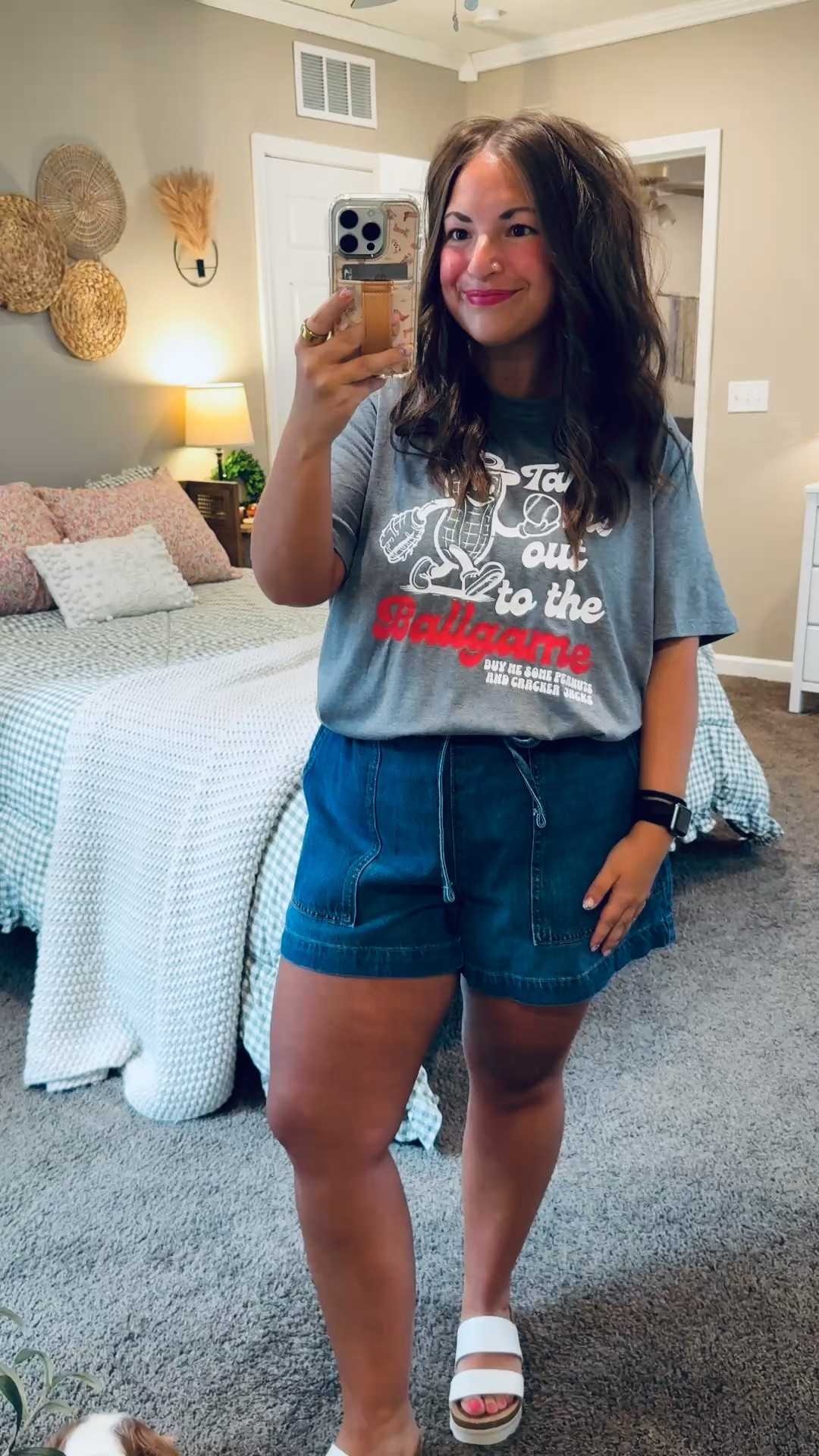 Game day ready ⚾️ The perfect mix of cute + comfy for cheering from the stands! 

sandals: fit true to size // wearing a 5
shorts: fit true to size // wearing a large
tee: fits true to size // wearing an XL (SO SOFT!) 

 #LTKootd #LTKMidsize