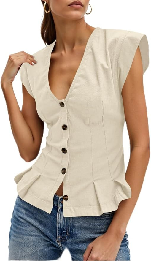 Cicy Bell Womens V Neck Vest Tops Cropped Ruffle Button Up Cotton Blouse | Cap Sleeve,Fitted Wais... | Amazon (US)