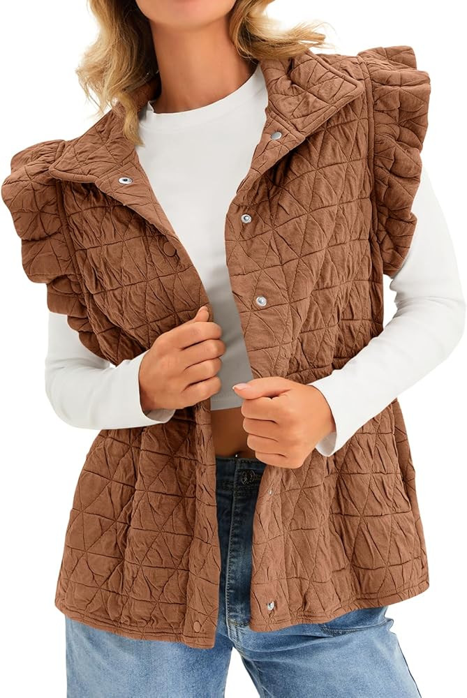 Cicy Bell Women Ruffles Puffer Vest Sleeveless Button Down Padded Jacket Gilet Trendy Fall Winter... | Amazon (US)