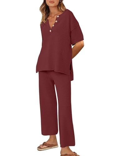 Ekouaer Lounge Set for Women 2 Piece Outfits Knit Short Sleeve Sweater Top Wide Leg Long Pants Pajama Set Red,X-Large | Amazon (US)