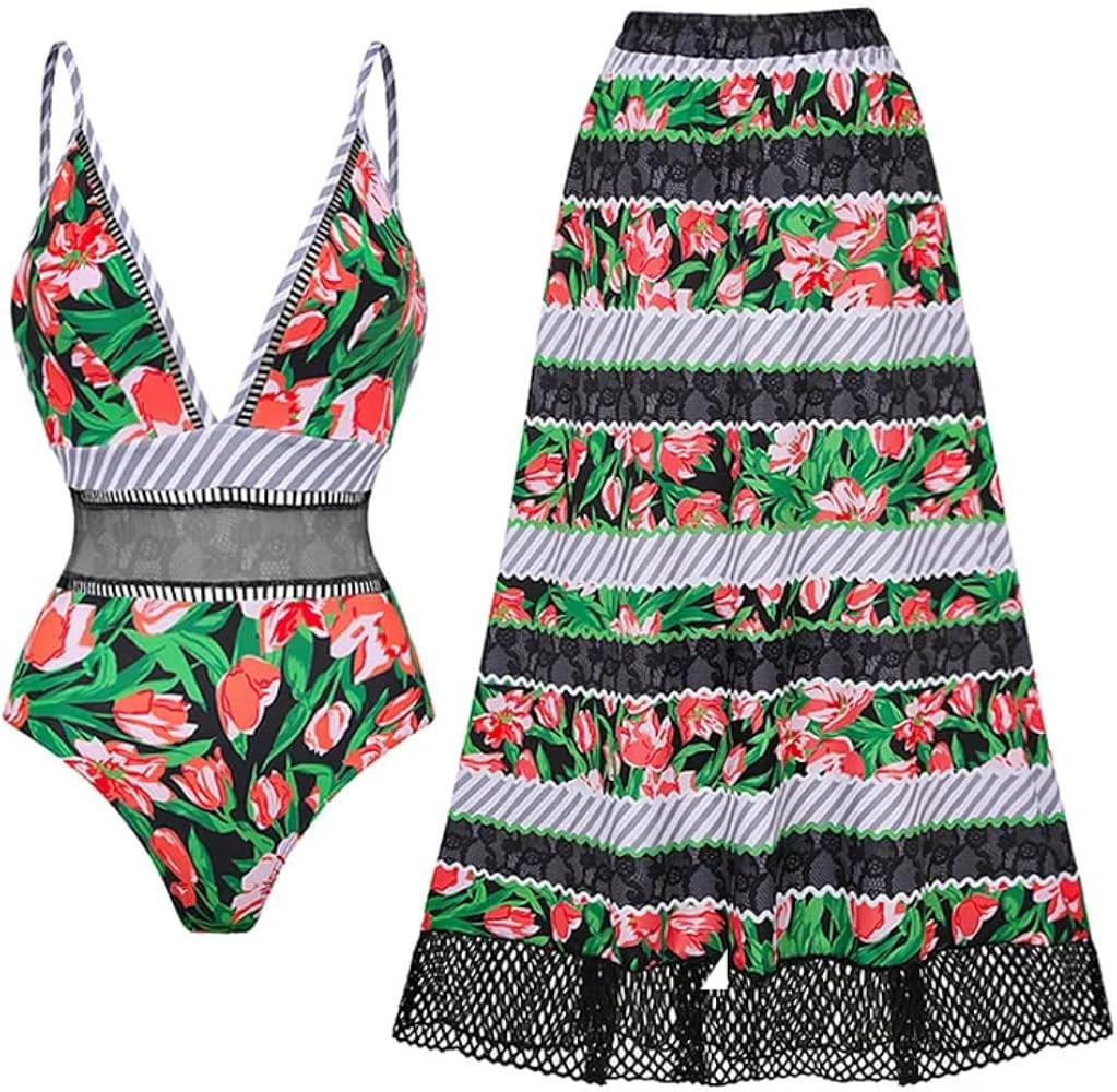 FLAXMAKER Women One Piece Deep V Neck Grapes Print Padded Swimsuit Two Piece Swimwear Bathing Sui... | Amazon (US)
