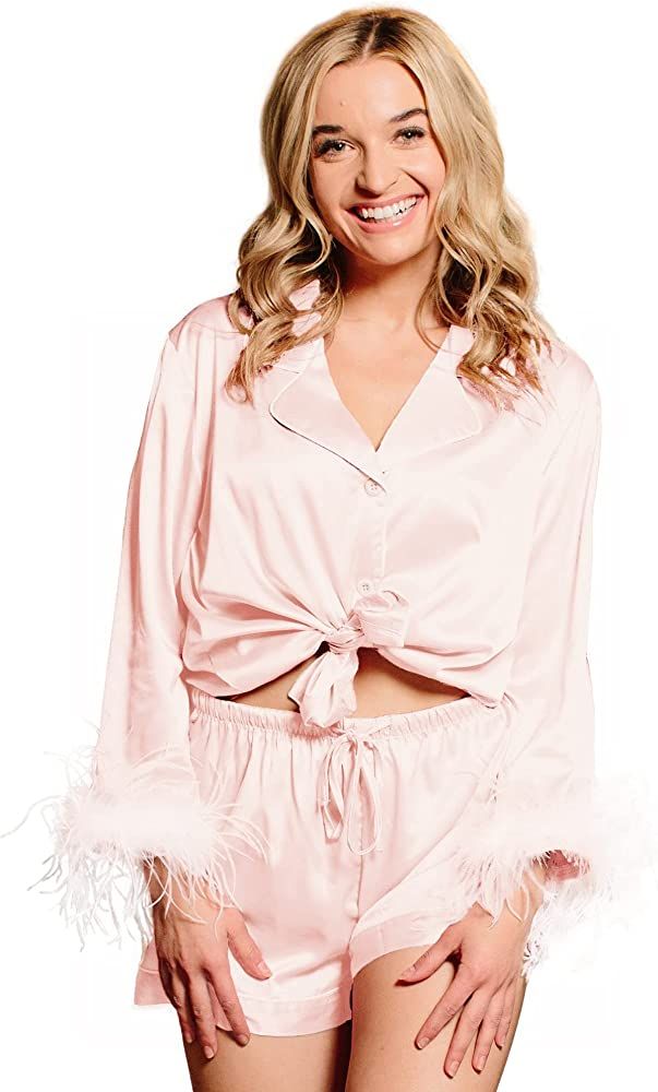 Belle’s Design Women's Feather Trim Silk Satin Pajama Set With Shorts Button Down 2 pieces Loun... | Amazon (US)