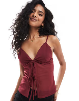 ASOS DESIGN mesh cami top with lace detail in burgundy | ASOS | ASOS (Global)