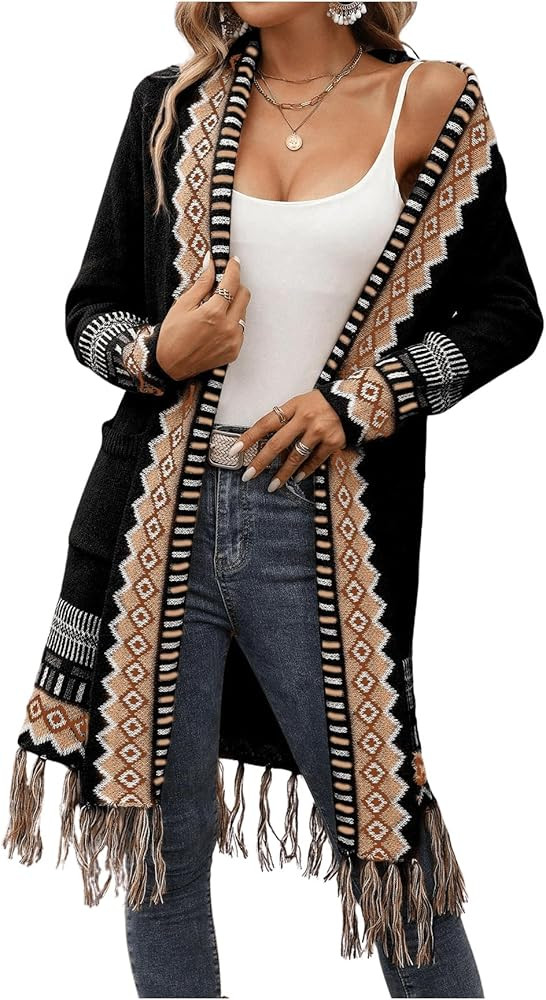 Women's Boho Long Cardigans Sweaters Western Chunky Fringe Duster Cardigan Open Front Knit Sweate... | Amazon (US)