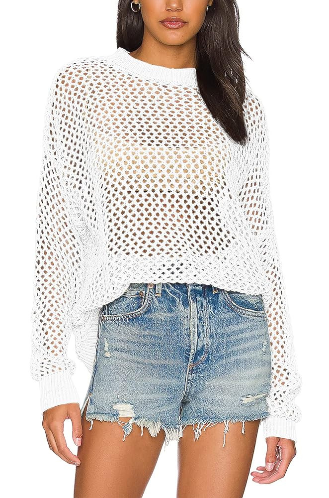 Ebifin Womens Crochet Tops Long Sleeve Beach Summer Sweater Crew Neck Mesh Cover Ups Bikini Swims... | Amazon (US)