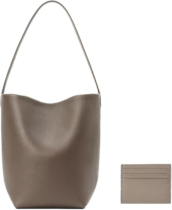 Genuine Leather Bucket Bag with Credit Card Holder Wallet, First Layer Pebble-grained Calfskin To... | Amazon (US)