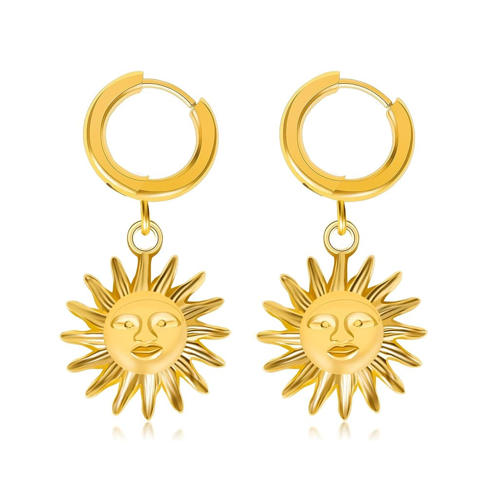Gold Sun Face Drop Earrings, Celestial Dangle Hoop Design, 3.8cm Length, 2cm Width, Lightweight 6... | Amazon (US)