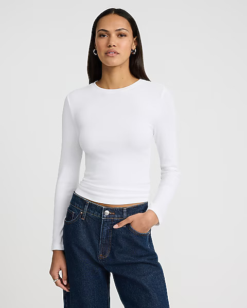 Fitted Ribbed Crew Neck Long Sleeve Tee | Express