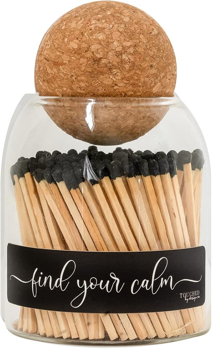Find Your Calm Cute Glass Match jar Cloche | Approx 135 Decorative Wooden Black tip Matches for C... | Amazon (US)