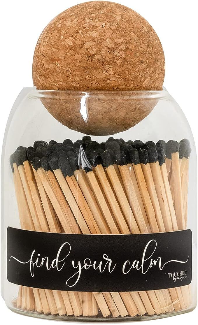 Find Your Calm Cute Glass Match jar Cloche | Approx 135 Decorative Wooden Black tip Matches for C... | Amazon (US)