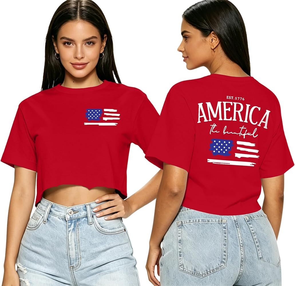 hohololo USA Crop Tops Women 4th of July Shirts Patriotic Shirt American Flag Tee Memorial Day Ts... | Amazon (US)