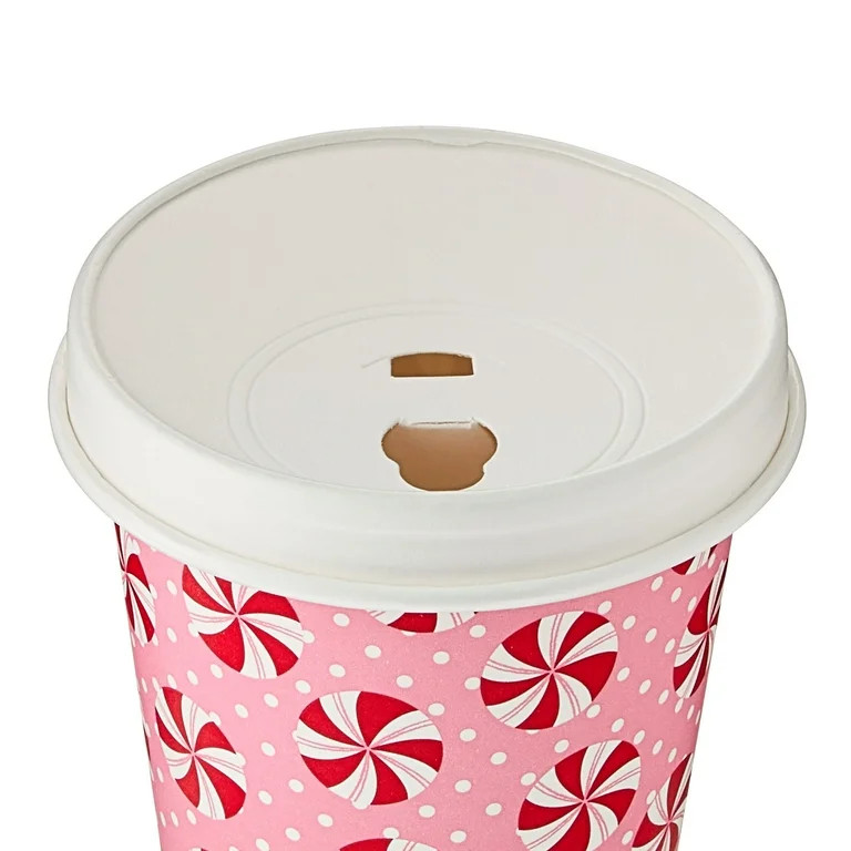 Christmas Candy Disposable Paper Hot Cups with Lids, Pink, 14 fl oz, 6 Count, by Holiday Time | Walmart (US)