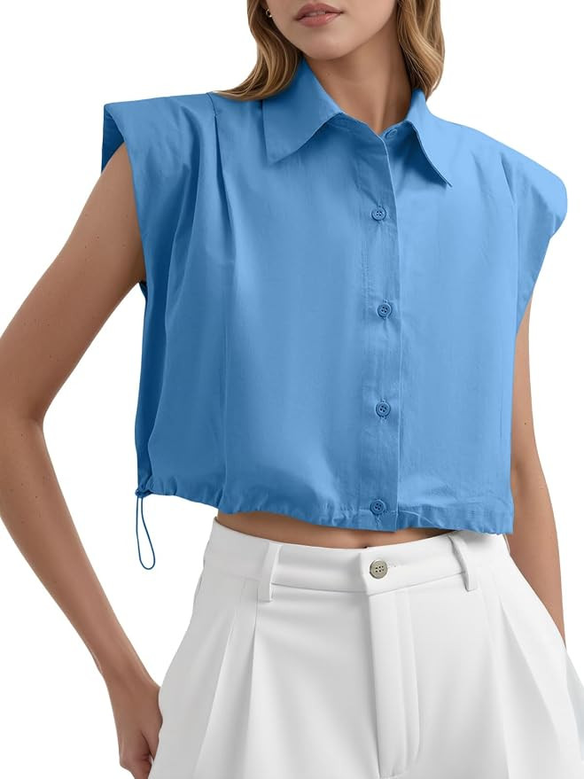 Tankaneo Womens Sleeveless Button Down Shirts Casual Loose V Neck Pad Shoulder Crop Tank Top | Amazon (US)