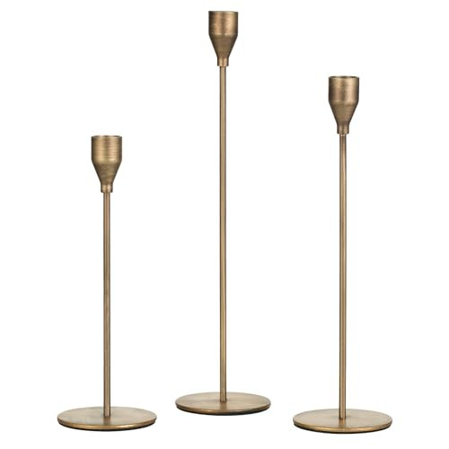 Brass Taper Candle Holders: Set of 3 Tall Candlestick Holder for Table Centerpiece Metal Gold Candles Stick Holders Candle Stand Brushed Wedding Decor | Amazon (US)