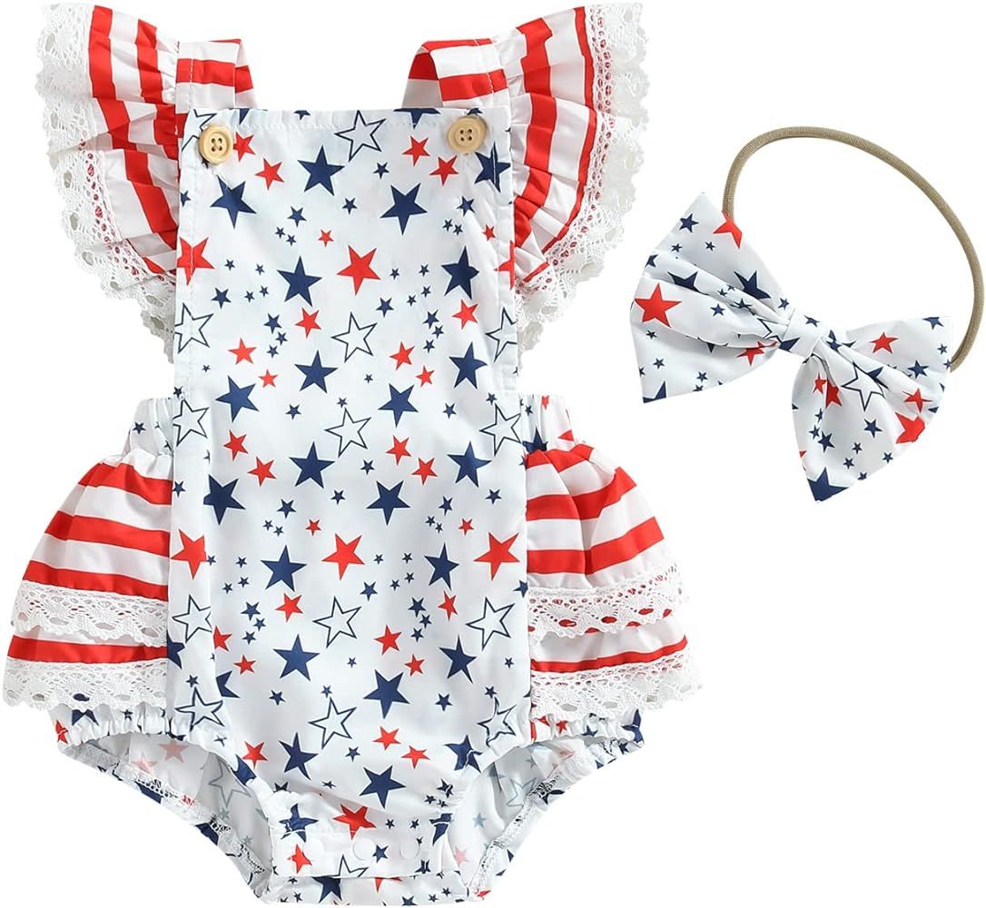 4th of July Baby Girl Outfits Newborn Ruffle Romper Infant Fourth of July Outfit Toddler American... | Amazon (US)