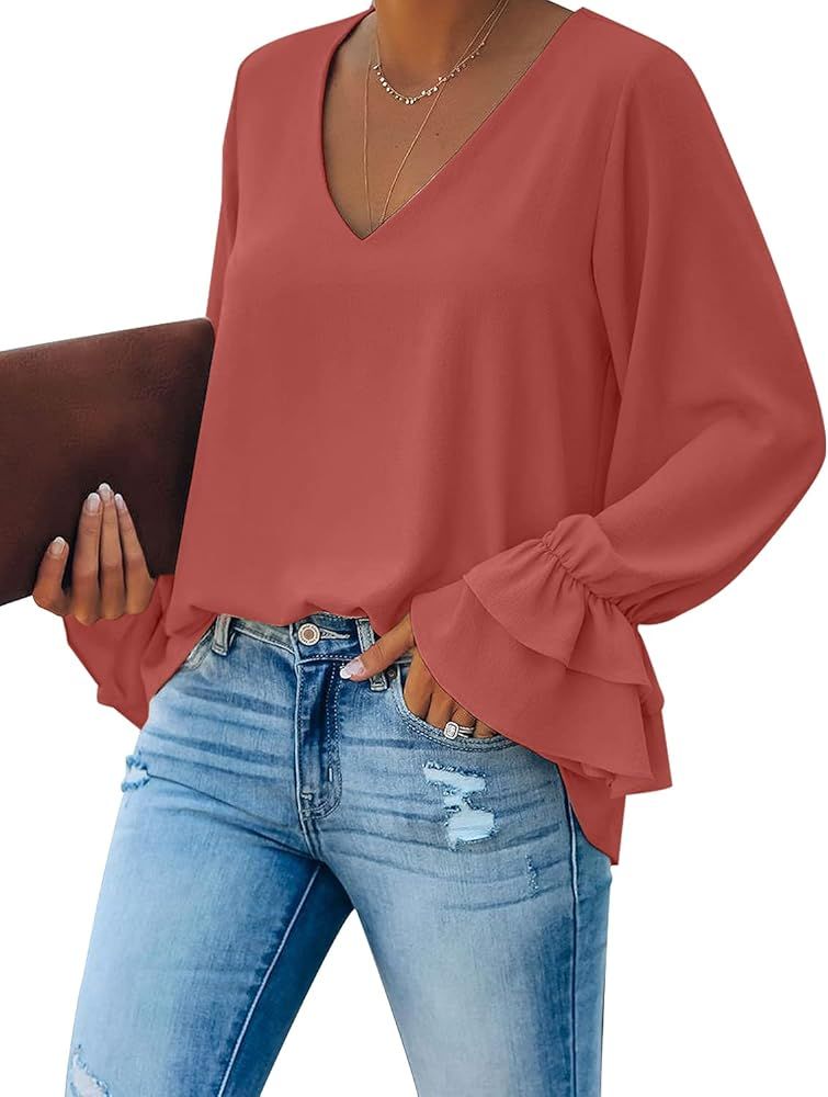 Vetinee Women's V Neck Ruffled Long Bell Sleeve Tops Casual Loose Shirt Blouse | Amazon (US)