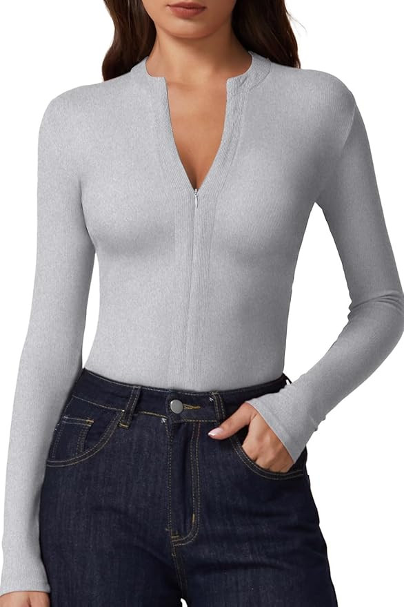 QINSEN Long Sleeve Shirts for Women V Neck Half Zipper Ribbed Knit Going Out Tops Full Length Bas... | Amazon (US)