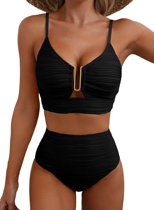Herseas 2 Piece Bestselling Bikini Set U-Wire Cutout Swimsuit High Waisted Textured 2025 Summer B... | Amazon (US)