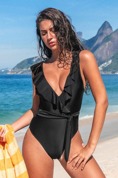 Paluma Black Ruffled Plunge One Piece Swimsuit | Cupshe